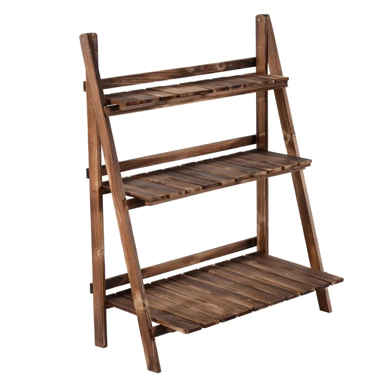 Easycomfort Portapiante Pieghevole Portavasi in Legno di Abete con 3 Livelli Scaffale da Esterno per Piante Portafiori 80x37x93cm