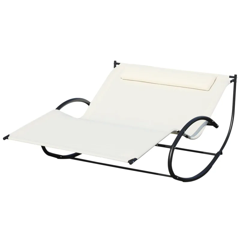 Easycomfort Lettino Prendisole 2 Posti, Sdraio da Giardino a Dondolo in Metallo e Texteline, 140x200x36-88cm, Bianco Crema