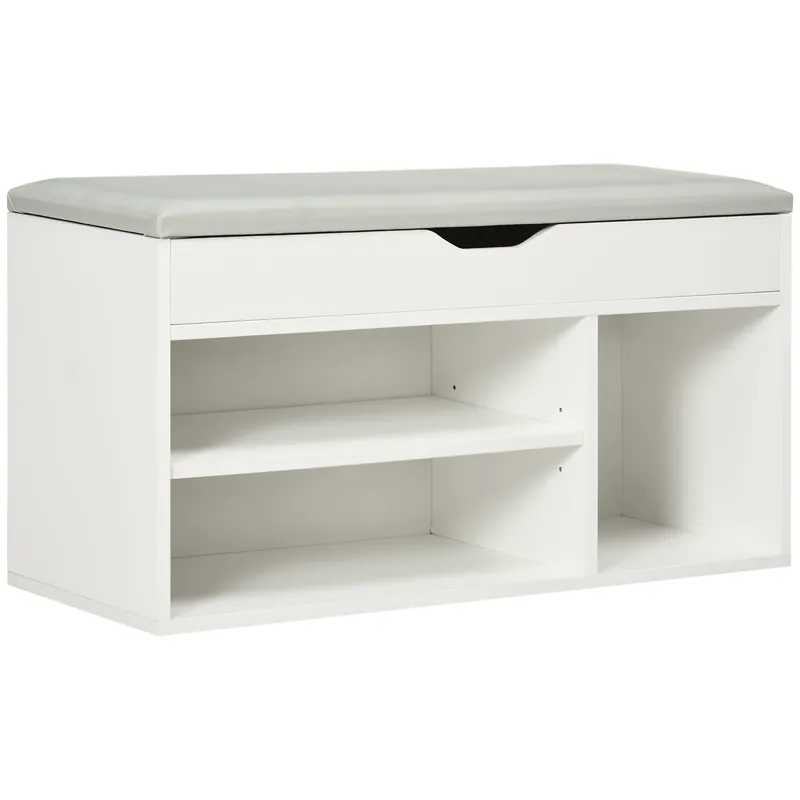 Easycomfort Mobile Scarpiera Salvaspazio con Panca Contenitore Imbottita e Vani Aperti 80x30x43cm, Bianco