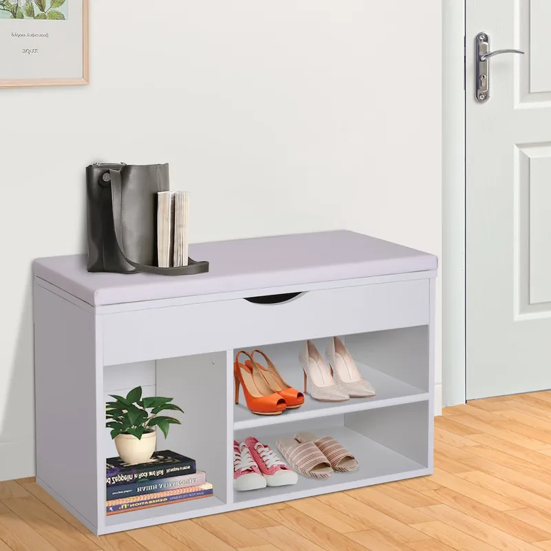 EASYCOMFORT Scarpiera Panca con Sedile Imbottito Ribaltabile da Ingresso Legno 80x30x47cm Bianco