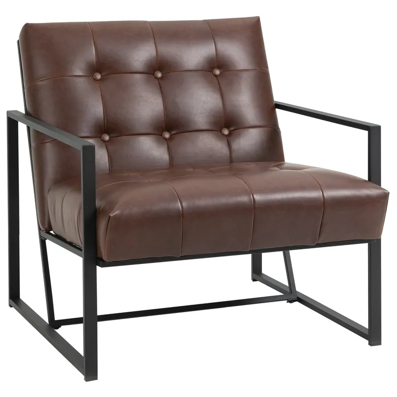EasyComfort Poltrona Imbottita Stile Industriale Trapuntata a Bottoni, Arredamento Moderno Poltroncina da Ingresso in Metallo e PU, 75x81x78cm Marrone
