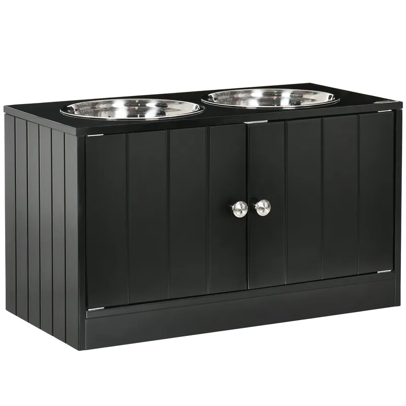 Easycomfort Ciotola per Cani Rialzata con Vano Contenitore, 2 Ciotole in Acciaio Inox Rimovibili, 60x30x35.5cm, Nero