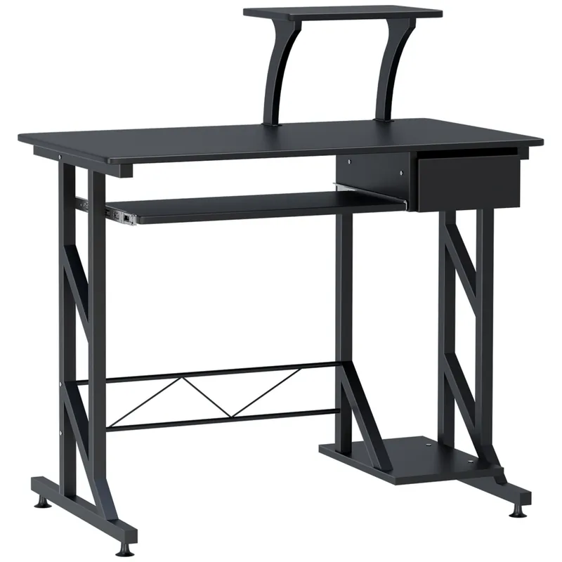Easycomfort Scrivania per Computer Salvaspazio in Acciaio e Legno, Scrivania da Ufficio con Cassetto, Ripiano Tastiera Estraibile 90 x 50 x 95cm