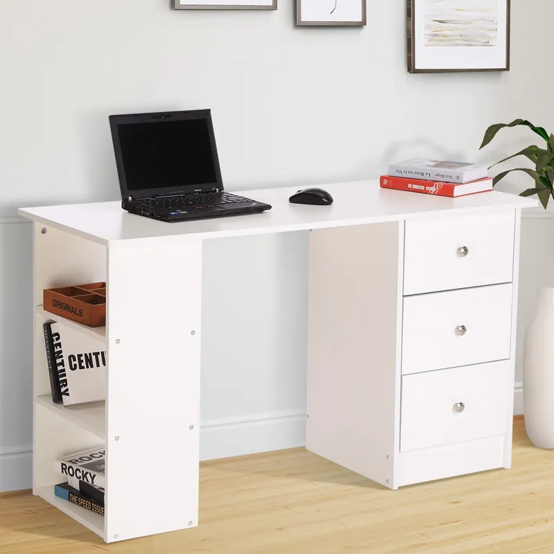 EASYCOMFORT Scrivania Porta PC per Camera e Ufficio con Cassettiera e Ripiani Portaoggetti in Legno 120x49x72cm Bianco