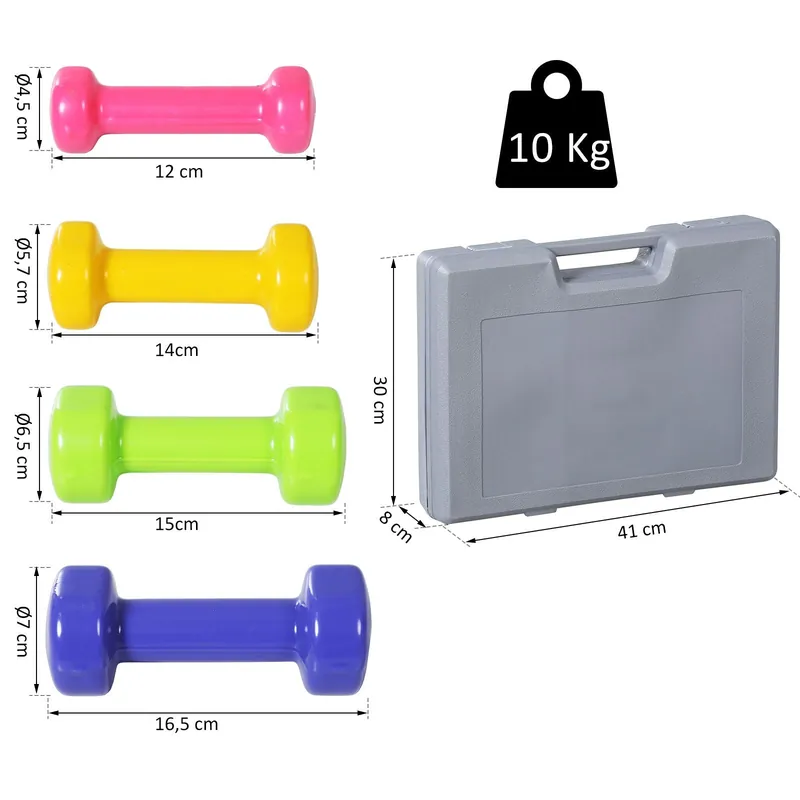 EASYCOMFORT Manubri Pesi, Set Manubri Palestra da 10kg con Valigetta 4 Paia di Manubri Colorati (2x0.5kg, 2x1kg, 2x1.5kg, 2x2kg)