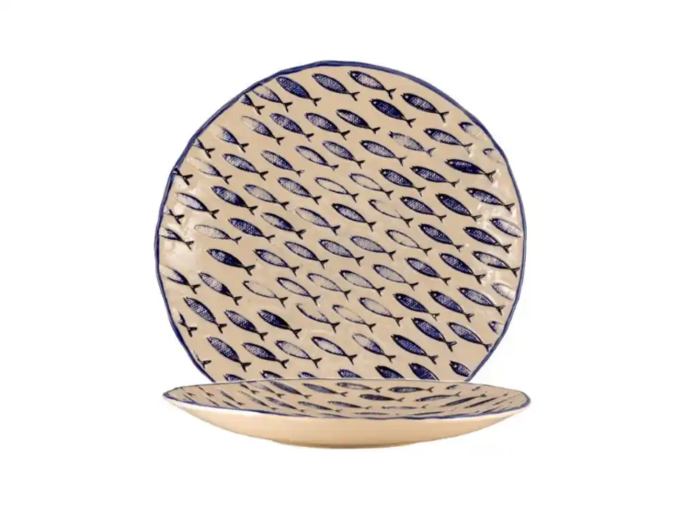 Thalassios, piatto rotondo bianco con decoro blu in rilievo ø cm 34 h cm 4