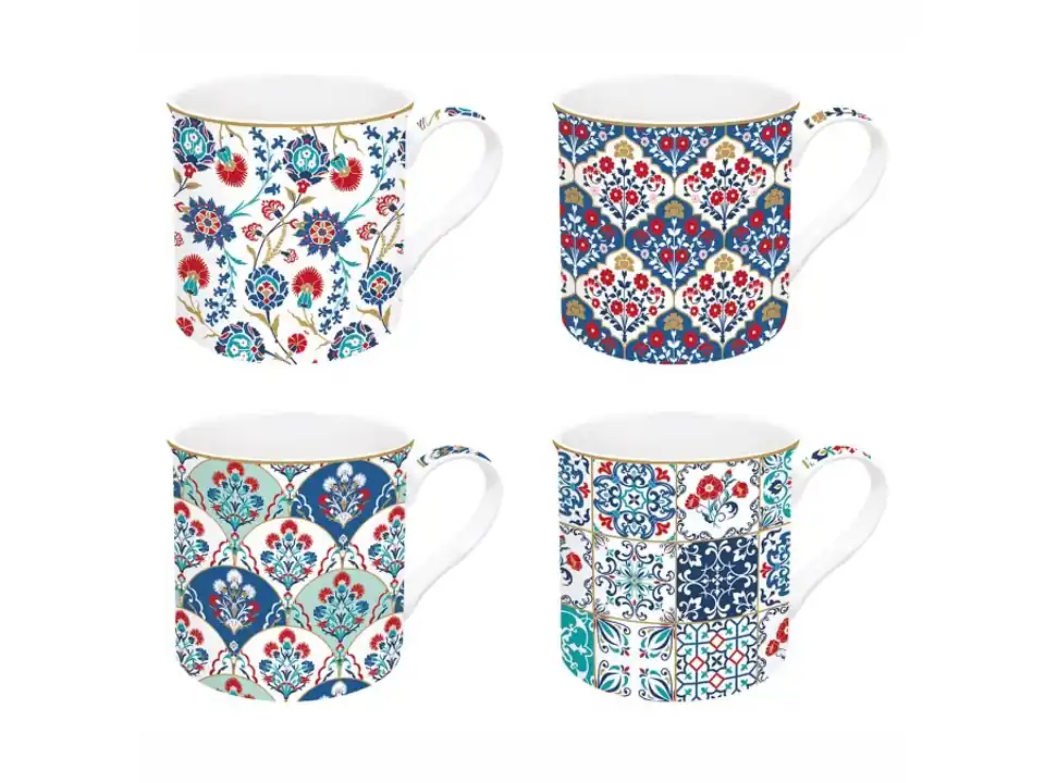 Iznik, set 4 tazze in porcellana fine china in scatola regalo 300 ml