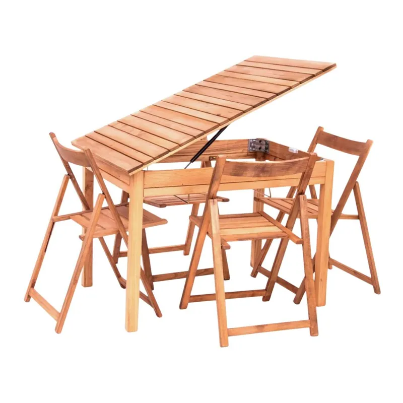 Set da Giardino Tavolo + 4 Sedie Pieghevoli in Legno di Acacia Konzept Salvaspazio - Arredo Esterno Naturale per Terrazzo e Campeggio
