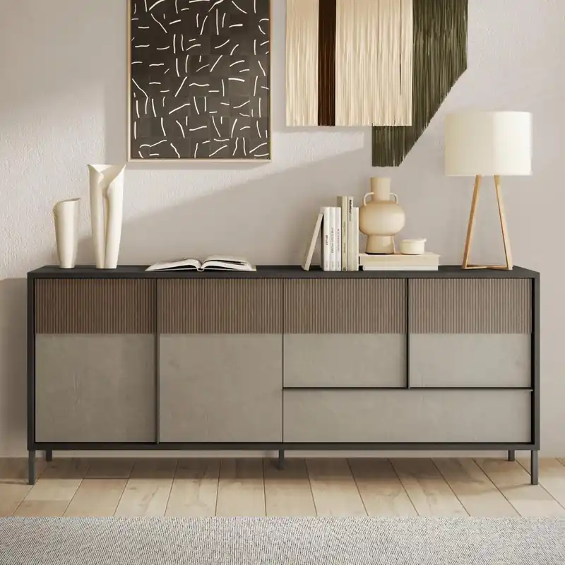 Madia Multiuso Everest 4 Ante + 1 Cassetto 206x40 h 86cm, Made in Italy, Finitura Lava e Argilla