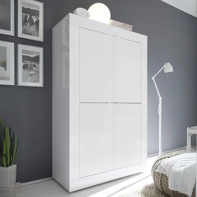 Credenza Contenitore 4 Ante 120x43 h 162cm, Made in Italy, Bianco Lucido