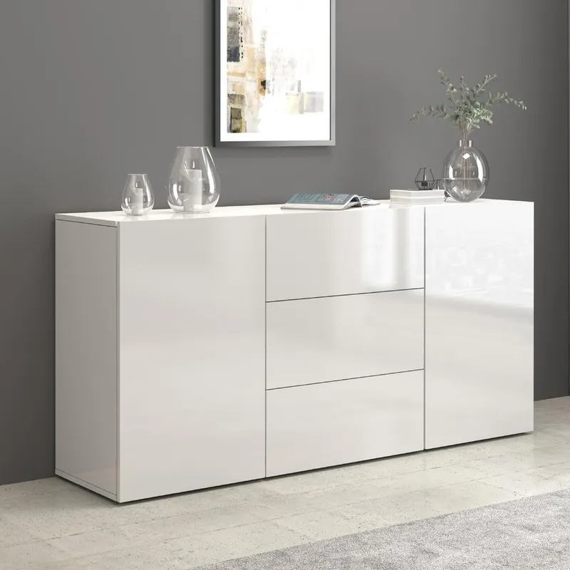 Credenza Egypt 2 Ante + 3 Cassetti, L 160 cm, Bianco Lucido, Made in Italy