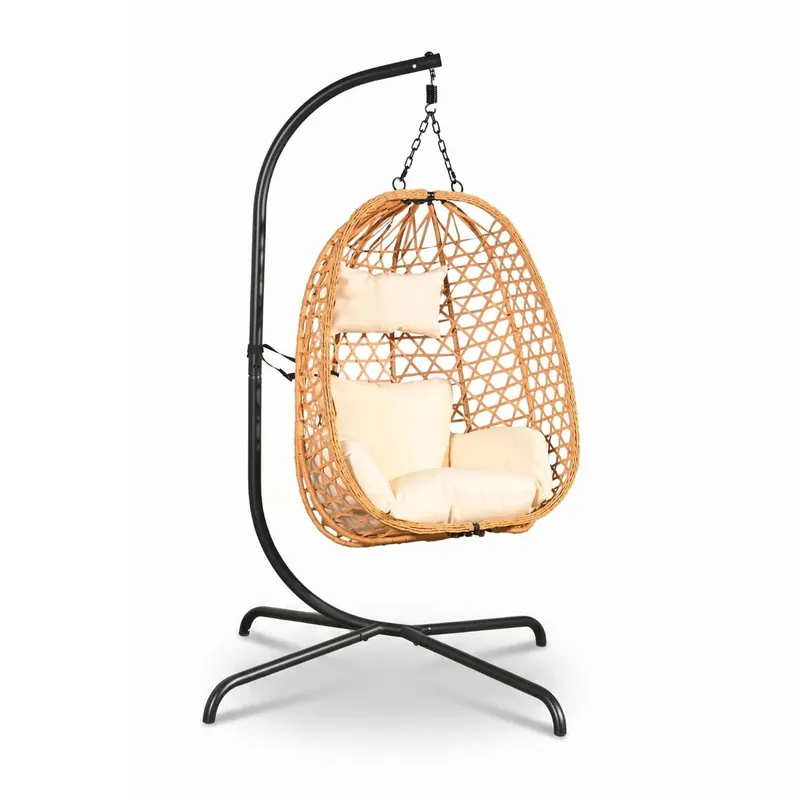 Poltrona Sospesa Nest in Vimini Natural con Telaio in Ferro Verniciato e Cuscini Waterproof Imbottiti 106x106 h186 cm